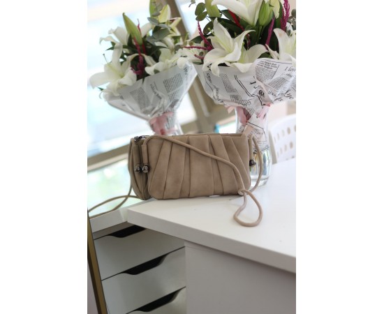 Kadın Vizon Büzgülü Boncuk Detay Omuz Çantası