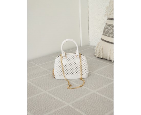  Kadın Beyaz Silikon Çift Kulp Zincir Detaylı El Omuz Çantası