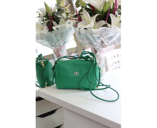 Kadın Yeşil Baklava Desenli İnce Düğüm Askılı Omuz Çantası