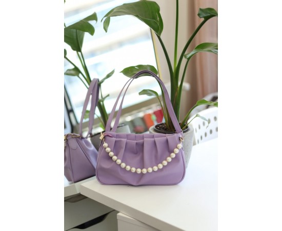 Kadın Lila İnci Detaylı Büzgülü  Omuz Çantası