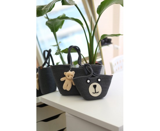 Siyah Örme Aksesuar Detaylı 2'li Anne Kız El Çantası