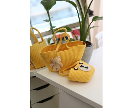 Sarı Örme Aksesuar detaylı 2'li anne kız el çantası