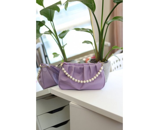 Kadın Lila İnci Detaylı Büzgülü  Omuz Çantası