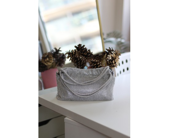 Kadın Silver Çift Kulp Tutmalı Taş İşleme Abiye Çanta