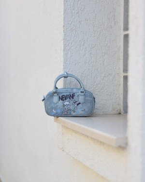 Kadın Mavi Kot Kumaş Özel Baskılı Çift Kulplu El & Omuz Çantası