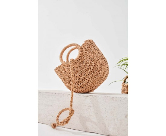 Camel Askılı Mini Hasır Çanta