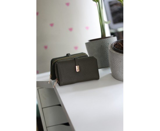 Kadın Haki Yeşil Gold Aksesuar Düğme Detaylı Cüzdan