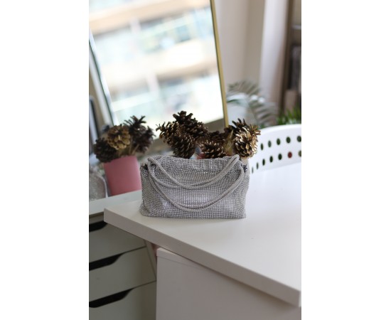 Kadın Silver Çift Kulp Tutmalı Taş İşleme Abiye Çanta