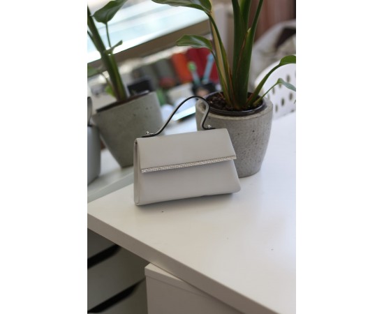 Kadın Gri Saten Tutma Taş Şerit Detaylı Abiye Omuz Çantası