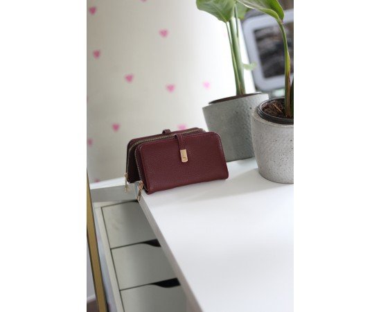 Kadın Bordo Gold Aksesuar Düğme Detaylı Cüzdan