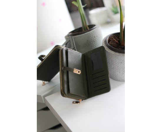 Kadın Haki Yeşil Gold Aksesuar Düğme Detaylı Cüzdan