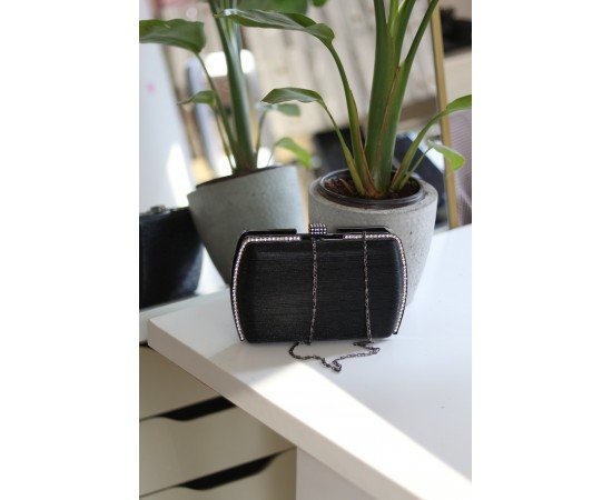 Kadın Siyah Çizgi Doku Kristal Taş Detaylı Abiye Çanta Kadın Siyah Çizgi Doku Kristal Taş Detaylı Abiye Çanta