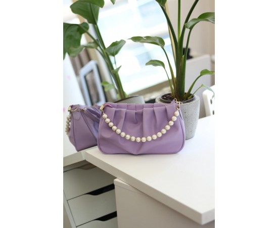 Kadın Lila İnci Detaylı Büzgülü  Omuz Çantası