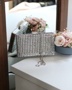 Kadın Gümüş Taş Detaylı Desenli Abiye Çanta