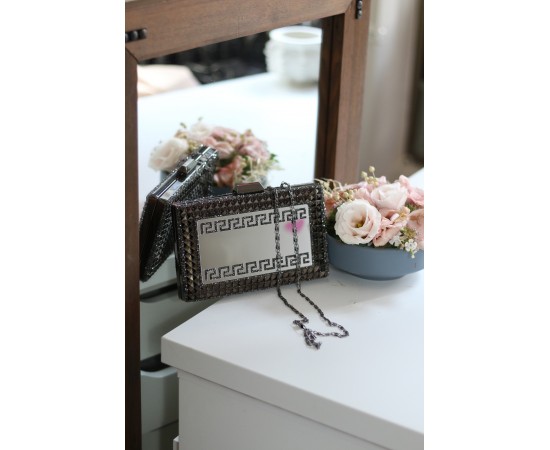 Kadın Siyah Taş Detaylı Desenli Abiye Çanta