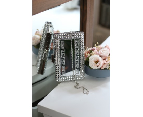 Kadın Gümüş Taş Detaylı Desenli Abiye Çanta