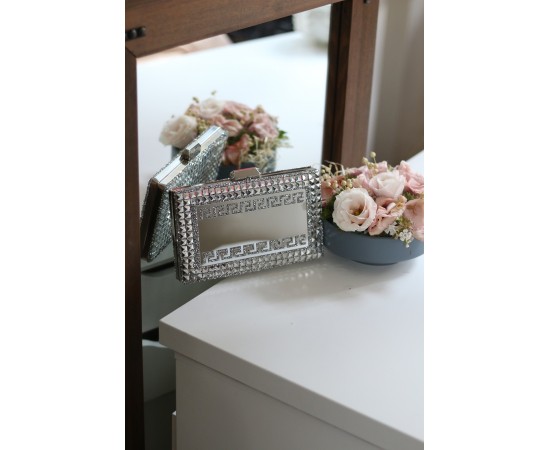 Kadın Gümüş Taş Detaylı Desenli Abiye Çanta