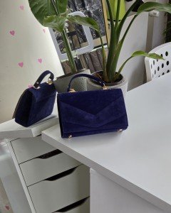 Kadın Mavi Süet Zarf Tutma Saplı Omuz Çantası