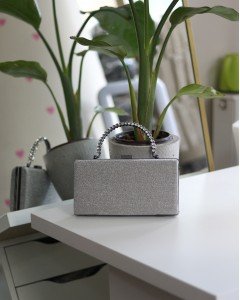 Kadın Platin Simli Taş Kulplu Burslu Abiye El Çantası 