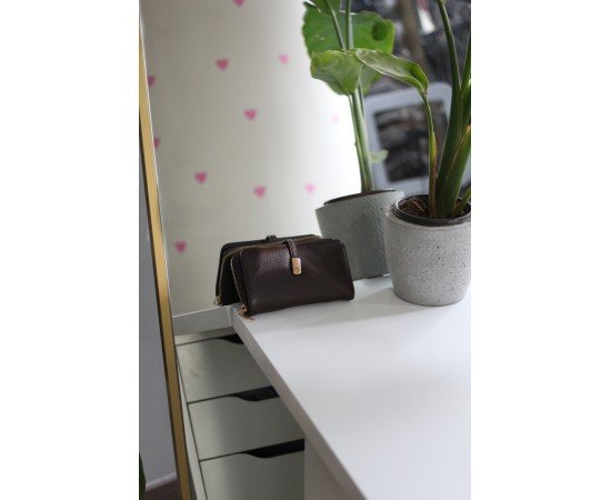 Kadın Acı Kahve Gold Aksesuar Düğme Detaylı Cüzdan