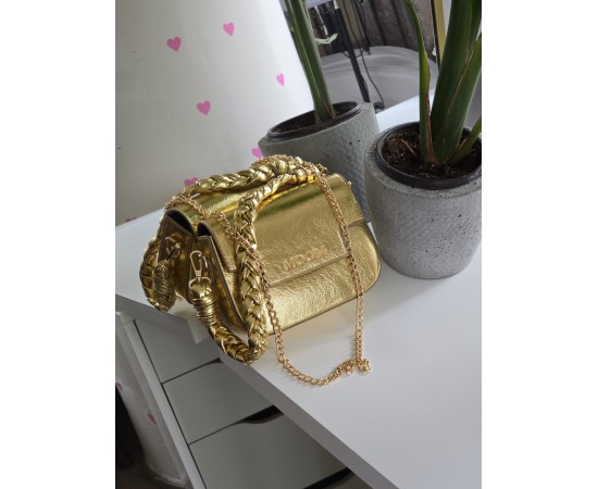 Kadın Gold Örme Sap Detaylı Zincirli Omuz Çantası