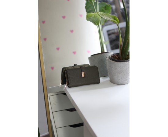 Kadın Haki Yeşil Gold Aksesuar Düğme Detaylı Cüzdan