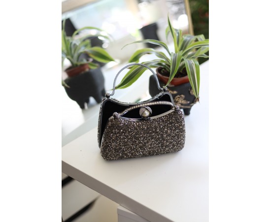 Kadın Platin İnci Taşlı Taşlı Tutma Detaylı Abiye Çanta