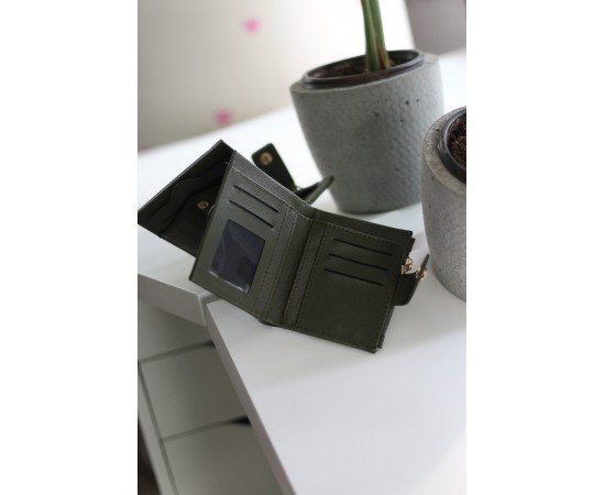  Kadın Haki Kroko Desenli Kartlık Detaylı Kare Cüzdan