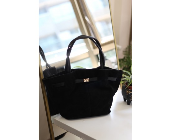 Kadın Siyah Süet Gold Toka Detaylı Büyük Boy Omuz Çantası