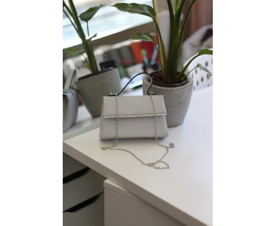 Kadın Gri Saten Tutma Taş Şerit Detaylı Abiye Omuz Çantası