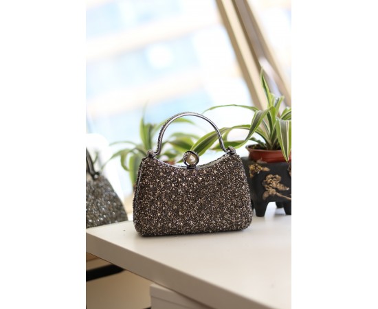 Kadın Platin İnci Taşlı Taşlı Tutma Detaylı Abiye Çanta