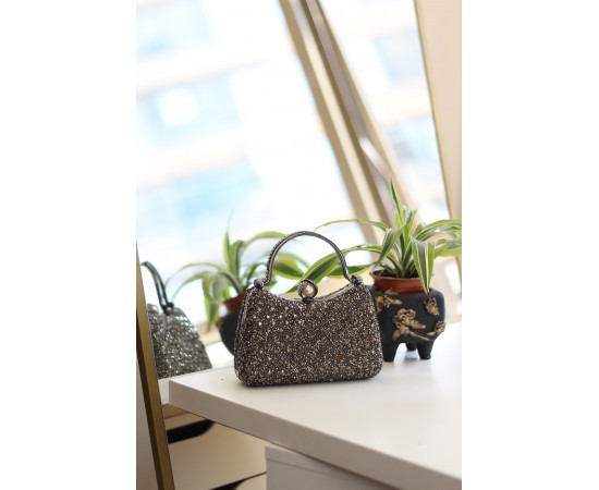 Kadın Platin İnci Taşlı Taşlı Tutma Detaylı Abiye Çanta