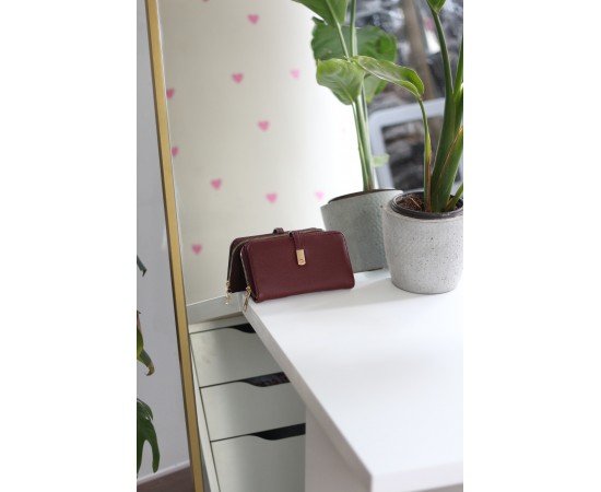 Kadın Bordo Gold Aksesuar Düğme Detaylı Cüzdan