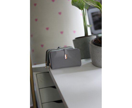 Kadın Gri Gold Aksesuar Düğme Detaylı Cüzdan