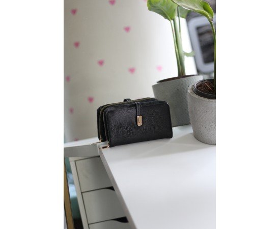 Kadın Siyah Gold Aksesuar Düğme Detaylı Cüzdan Kadın Siyah Gold Aksesuar Düğme Detaylı Cüzdan